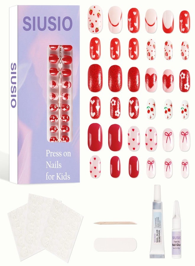 SIUSIO 3Pack Children Acrylic Fake Nails, 72pcs Press on Full Cover Glitter Short Red Heart False Nail Art Kits Set with Sticker Tabs Nail Glue for Kids Little Girls Christmas Gifts - Blossom Sweetie - Image 1
